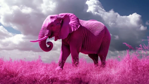 Pink elephant in grassland under cloudy daytime sky.