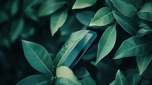 Smartphone naps in lush leaves and quietly dreams of nature