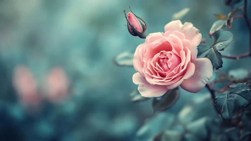 Pink Rose Blooms Among Soft Foliage.