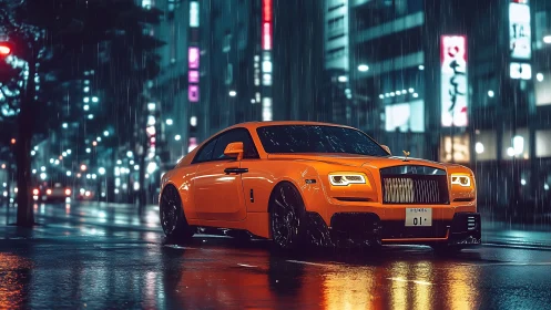 Neon rain crowns an orange luxury beast on midnight streets.