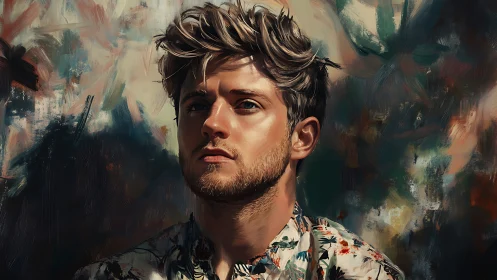 Contemplative young man amid expressive painted backdrop.