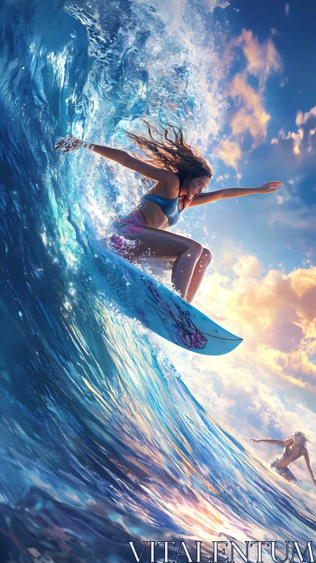 Dynamic surf rider under glowing sunset wave arc composition.