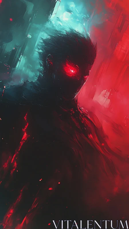Dark cyber silhouette with glowing red eyes in neon storm.