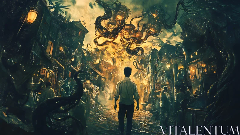 Solitary wanderer facing eldritch sky-born leviathan.