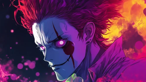 Neon-eyed demon clown glows in magenta inferno haze.