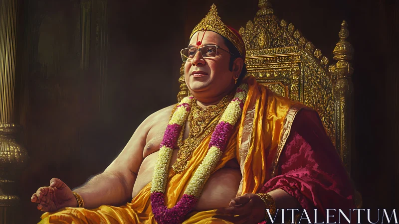 Regal Indian spiritual leader on ornate golden throne portrait