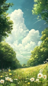 Summer meadow opens beneath towering cumulus clouds.