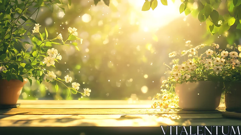 Golden morning sunlight gently warms a flower filled garden table