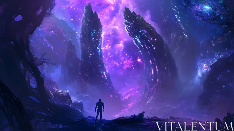 Starlit wanderer beneath towering cosmic crystal spires.