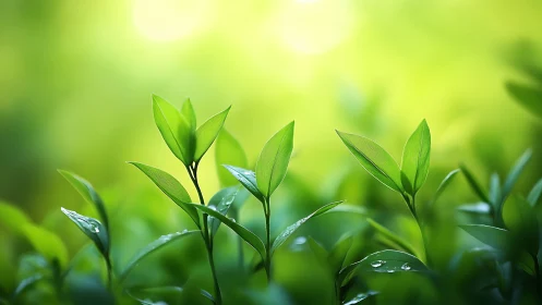 Fresh green leaves in natural sunlight, soft focus nature photography.