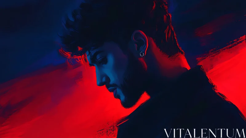 Moody male profile in blue and red digital portrait.