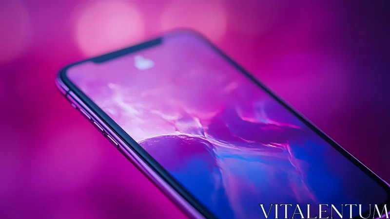 Smartphone in Neon Glow: Digital Device Amid Magenta Lights