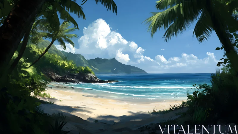 Tropical Paradise Emerges: Golden Sands Embrace Crystalline Waters Below.