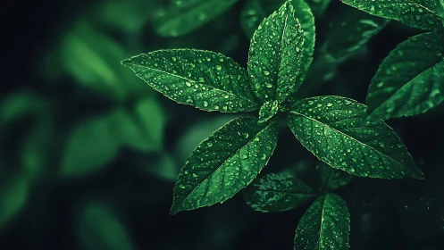Macro leaf rosette with dewdrops in dramatic low-key lighting.