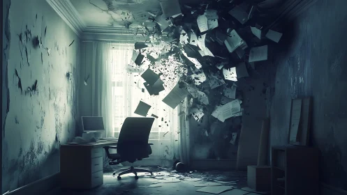 Paper storm rips a ghostly office into fractured silence