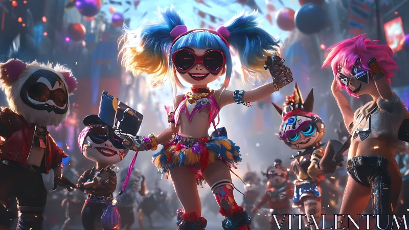 Colorful cyberpunk street party with stylized dancers.