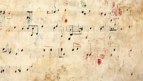 Weathered music manuscript splashed with wandering color notes.