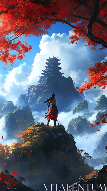 Wanderer beholds sky-piercing pagoda beyond crimson peaks.