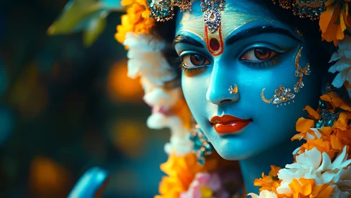 Radiant blue deity gazes softly amid garlands of flowers