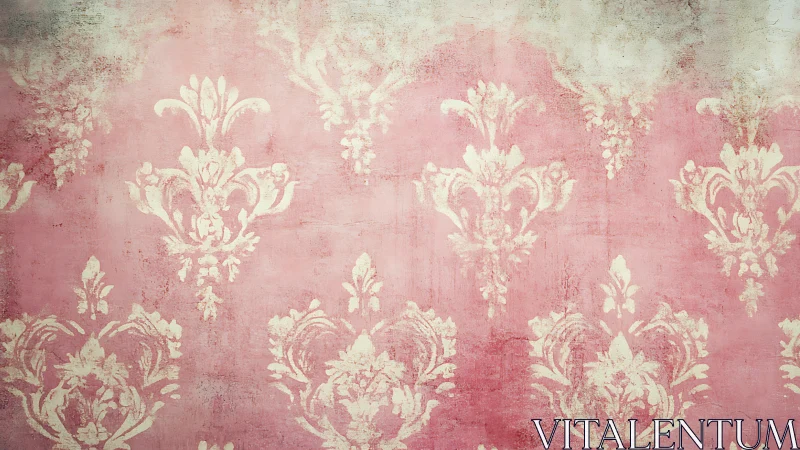 Vintage pink damask wallpaper with distressed patina.