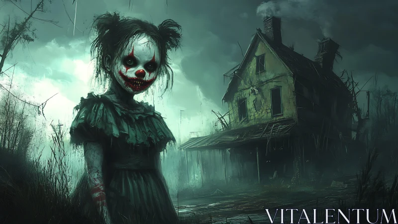 Creepy clown-faced girl haunts a decaying, foggy house at dusk.