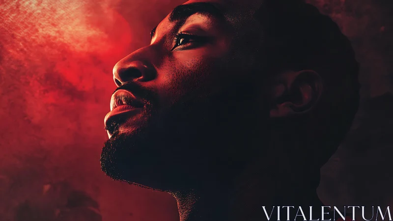 Profile portrait under dramatic red cinematic lighting.