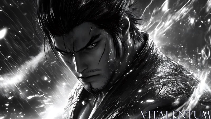 Brooding samurai warrior emerges through storm-lit darkness.