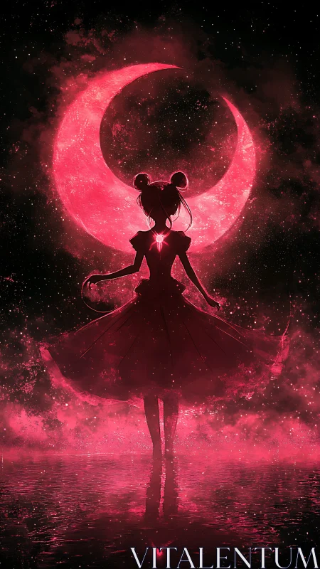 Silhouetted moonlit heroine awakens under a glowing crimson crescent