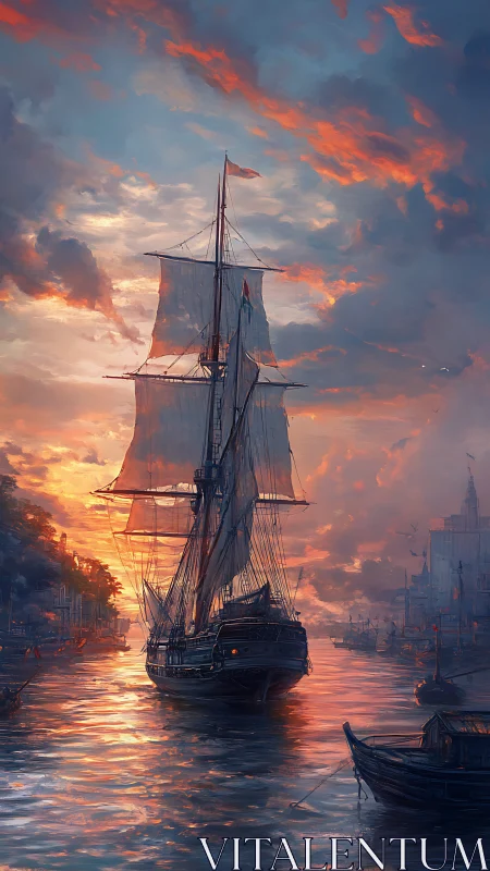 Tall ship sailing into a vivid sunset harbor scene.