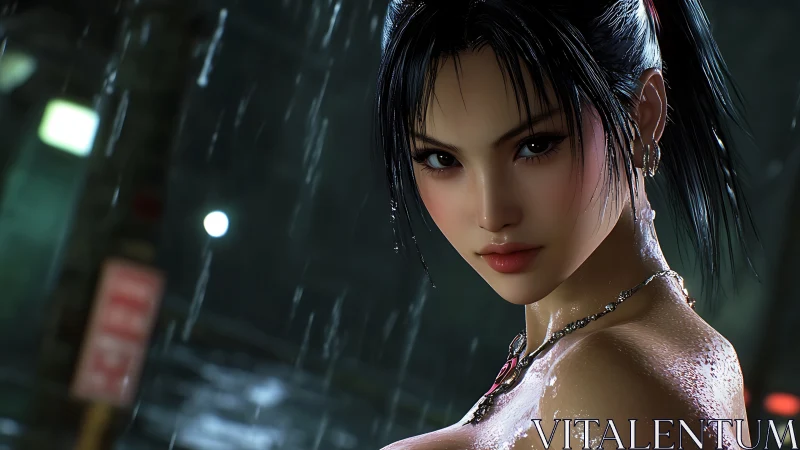 Rain-slick gaze carves neon secrets from the midnight alley