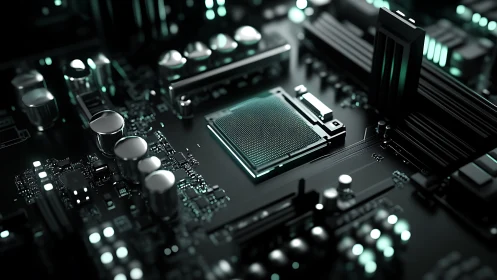 Luminous microprocessor socket amid high-density PCB topology.