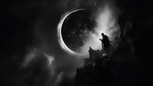 Dark robed figure confronts a colossal eclipsed skull moon.
