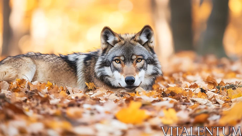 Wild gray wolf rests quietly amid glowing autumn leaves.