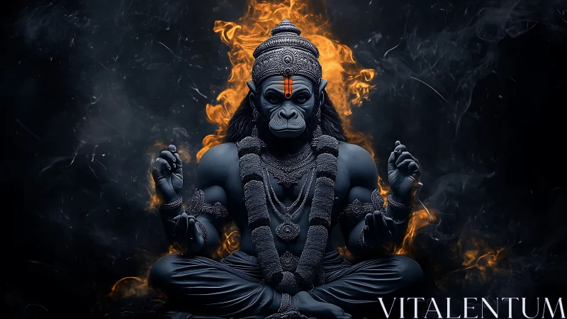 Mystic ape deity meditating in a ring of living fire.