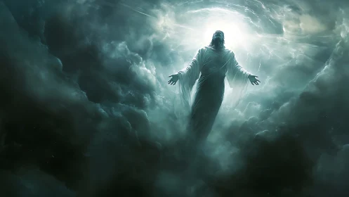 Glowing robed figure ascending amid dark storm clouds.