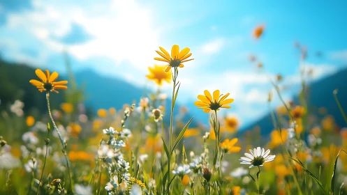 Alpine Meadow With Golden Daisies Against Mountain Backdrop.