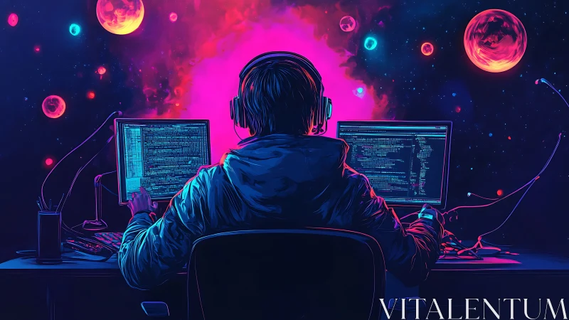 Neon coder monitors glow against cosmic planetary sky.