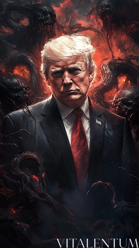 Storm-lit statesman stands amid molten shadow creatures