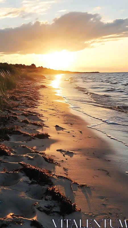 Sunlit shoreline with warm sunset reflections on sand.