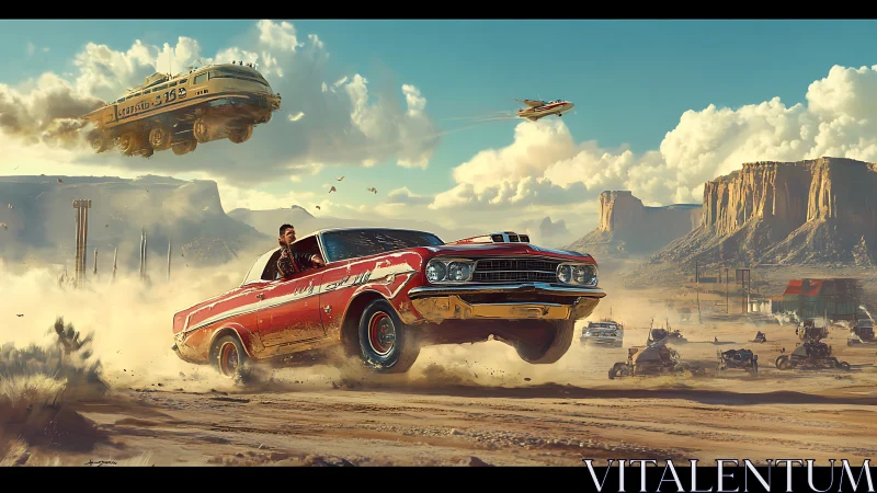Roaring red muscle car soars through dusty sci fi desert