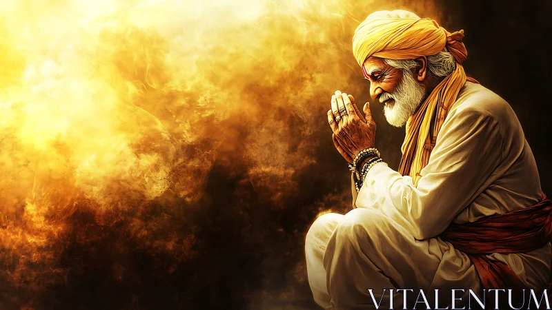 Elderly mystic in prayer kneels against radiant golden haze