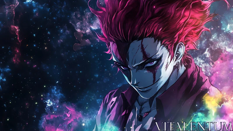 Sinister anime villain with neon hair in cosmic space