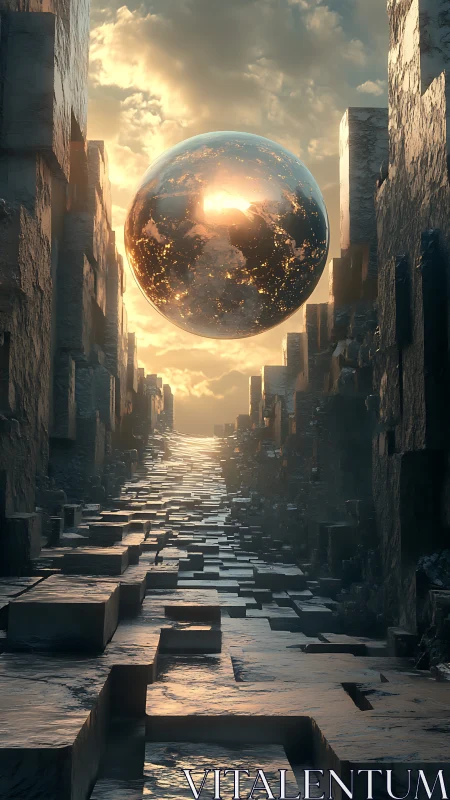 Reflective energy sphere over tessellated stone corridor at dusk