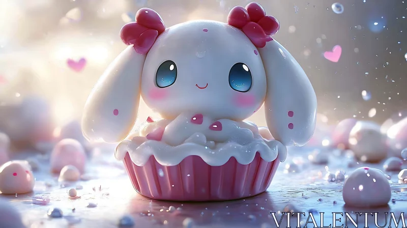 Three-dimensional render of anthropomorphic rabbit character in cupcake vessel