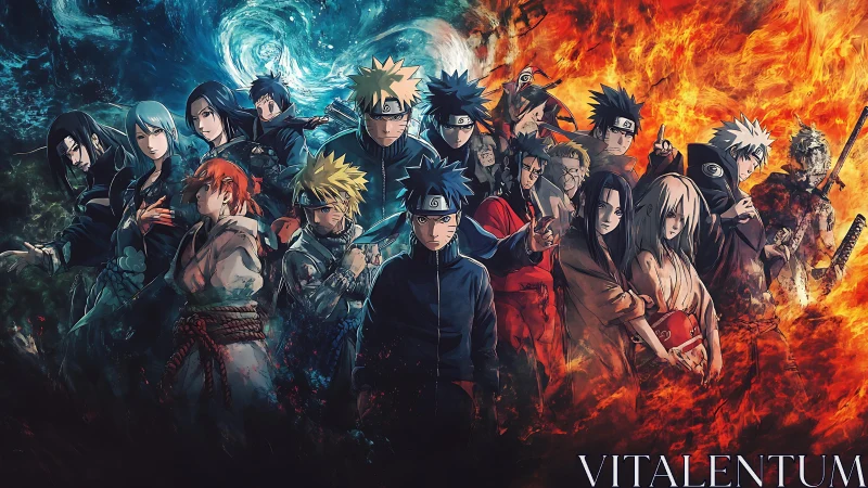 Epic ninja warriors divide between swirling water and fire