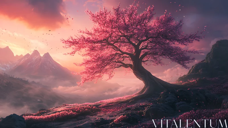 Luminous magenta blossom tree over misted alpine valley.