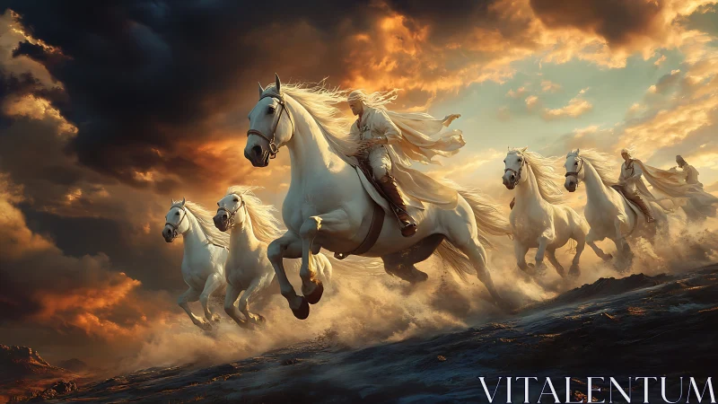 White riders on galloping horses under turbulent sky.