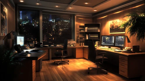 Nighttime office workspace shows illuminated multi-monitor desks