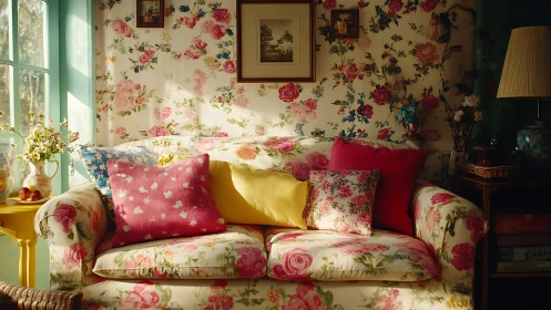 Sunlit floral sofa nook wrapped in cozy vintage charm.