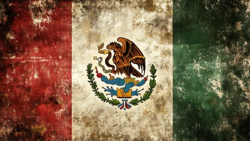 Weathered Mexican flag with worn tricolor and emblem.